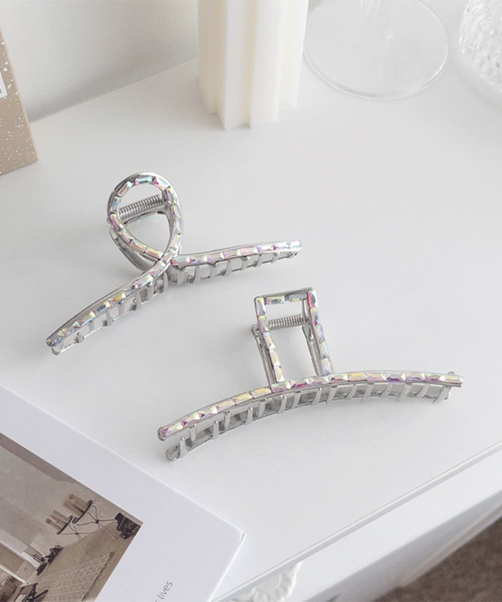 Metal Square Round Hair Claw Clip With Aurora Pearl Stone